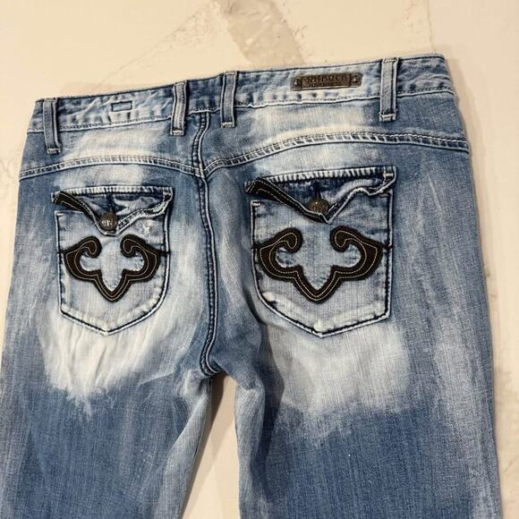 RF Rock LA Express Boot Cut Y2K Low Rise Distressed Denim Jeans Womens 12 Grunge - Picture 7 of 10